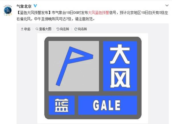 北京发布大风蓝色预警 今日阵风或达7级
