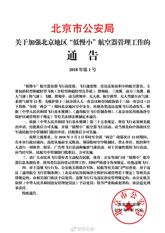 2018年全国“两会”期间北京市将采取禁飞措施