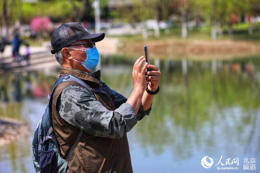 北京世園公園內，一位游人正在拍照。人民網尹星雲 攝