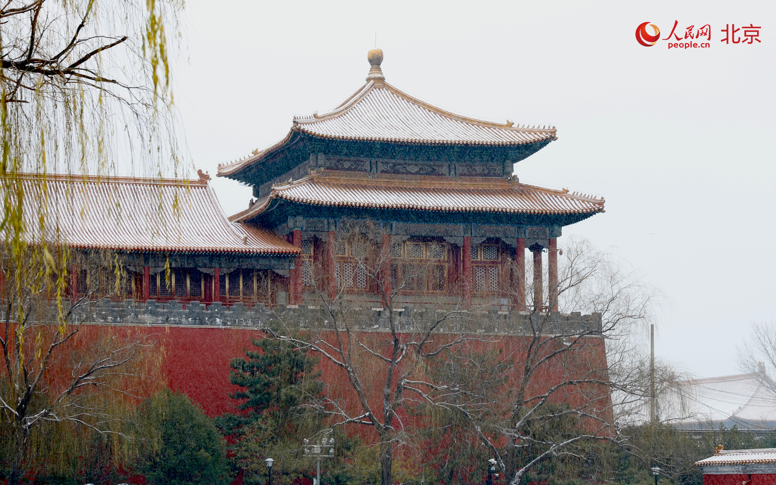 降雪当天，故宫博物院内红墙金瓦在雪色映衬下更显沉静。人民网记者 李世奇摄